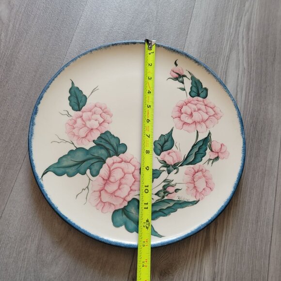 Vintage Hand-Painted Floral Ceramic Plate By Perkins With Blue Trim - Picture 5 of 5